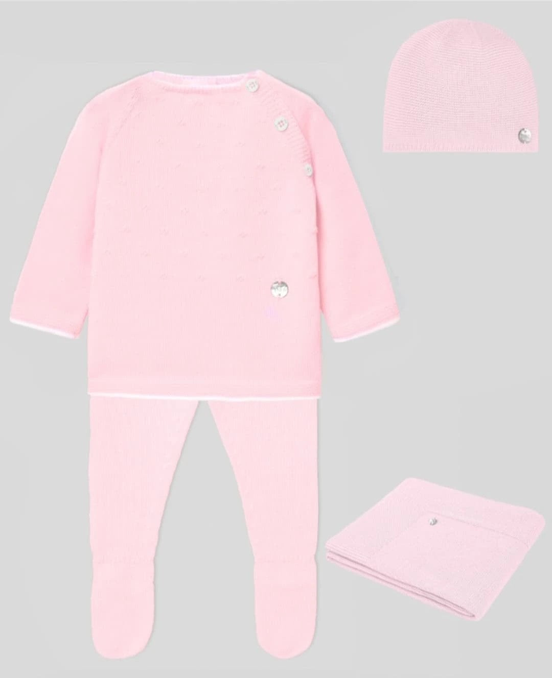 Recien nacido. PAZ RODRIGUEZ Set de regalo  ref. 122277-37 . POLAINA, SUETER, GORRO, Y MANTITA