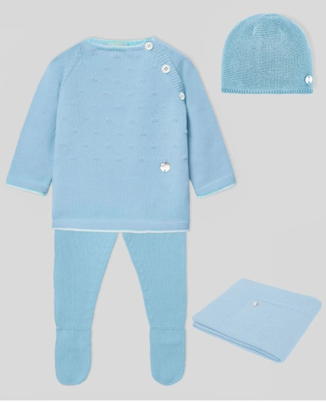 Recien nacido. PAZ RODRIGUEZ Set de regalo  ref. 122277-86 . POLAINA, SUETER, GORRO, Y MANTITA