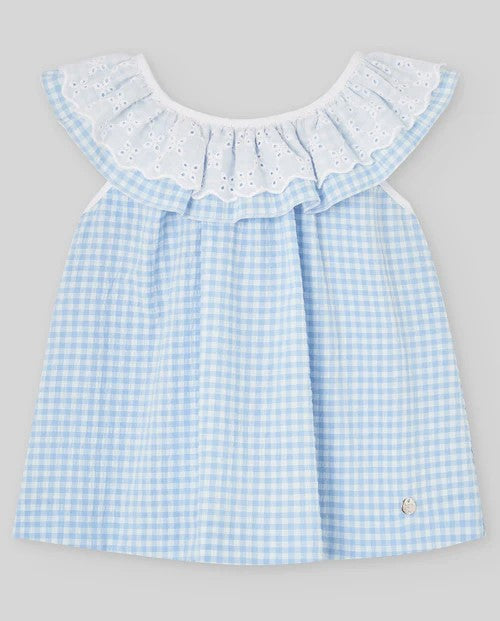 PAZ RODRIGUEZ Blusón ANADE 032-153662 Azul Cielo / Pantalon corto inrfantil niña FRUTITAS 007-158587 Blanco