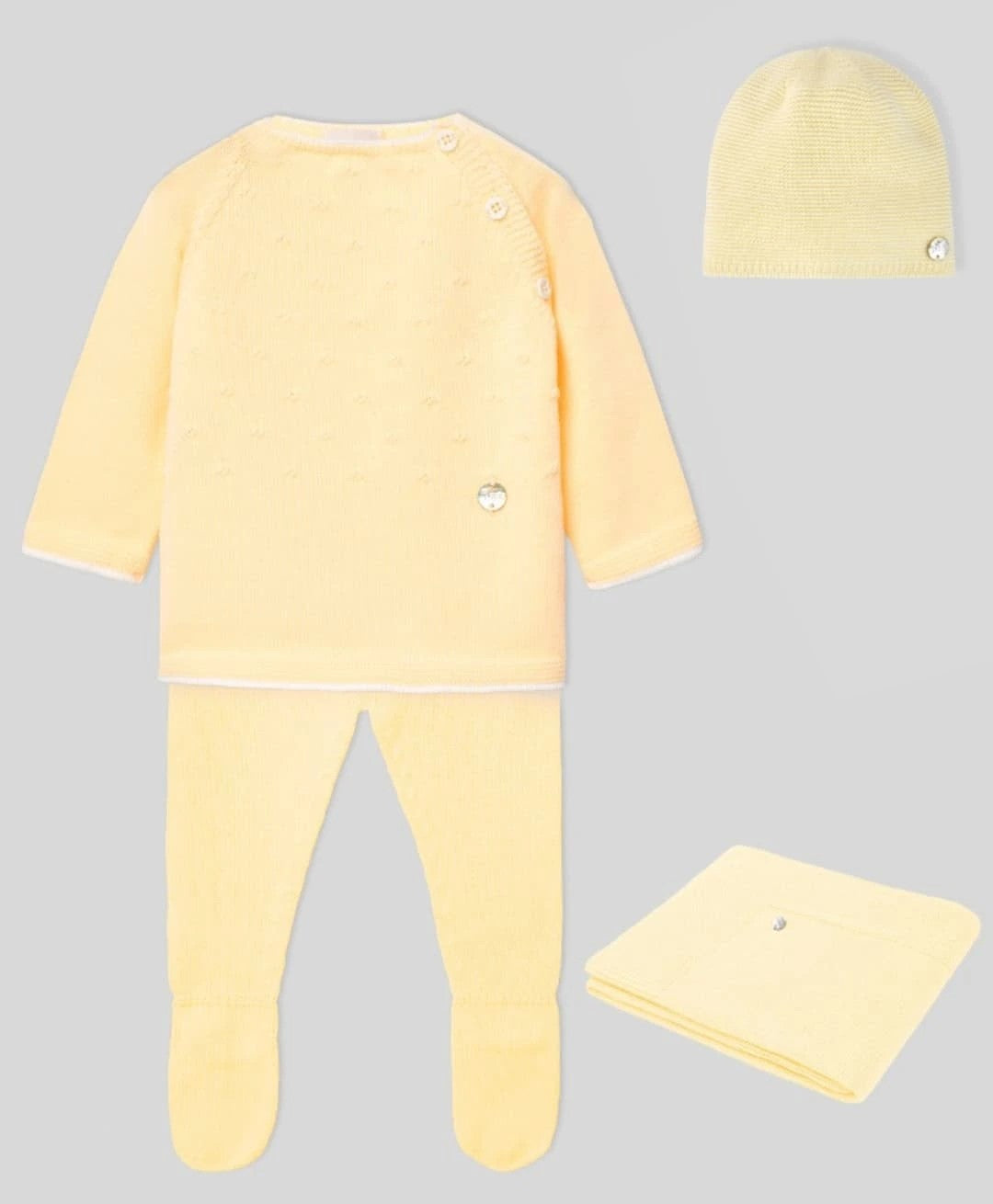 Recien nacido. PAZ RODRIGUEZ Set de regalo  ref. 122277-05 . POLAINA, SUETER, GORRO, Y MANTITA (AMARILLO )