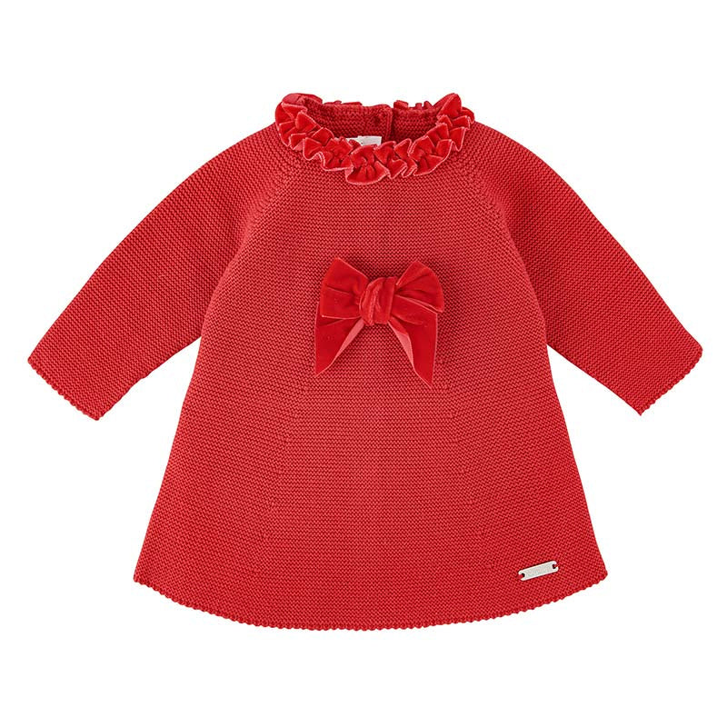 Vestido para bebe punto bobo con lazo terciopelo y cuello frunzido de terciopelo.  Referencia 55734010_550